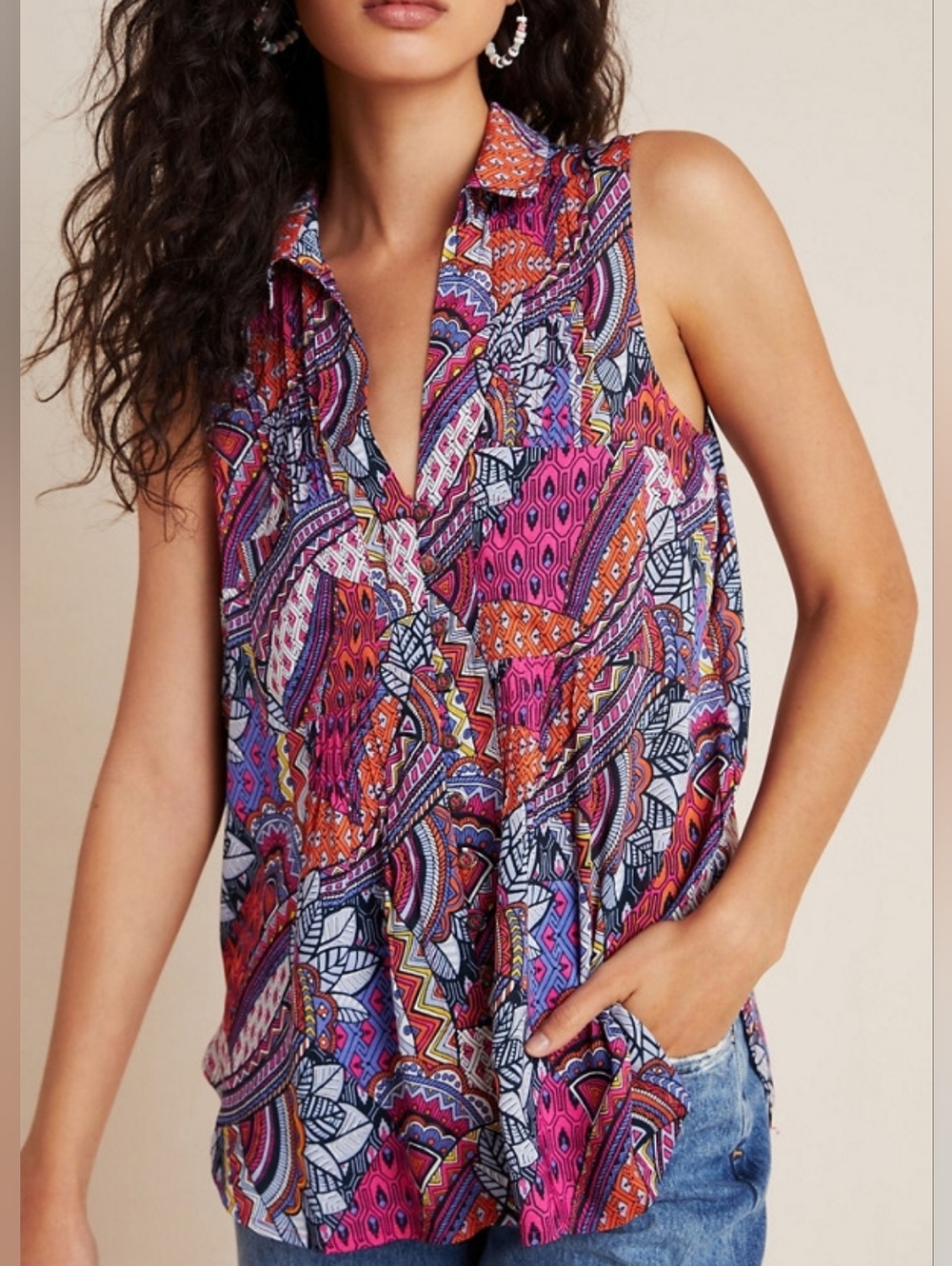 Maeve Whimsical Pintuck Sleeveless Top Size Small Boho